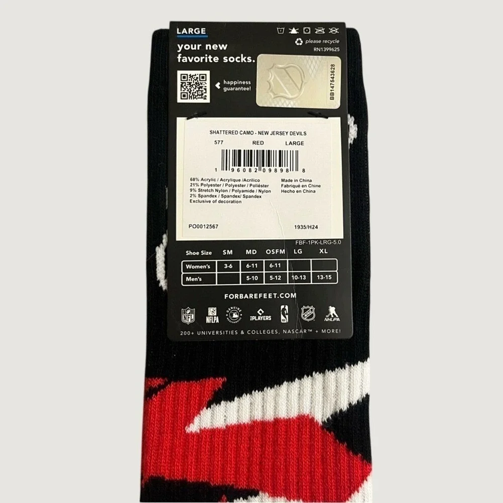 For Bare Feet New Jersey Devils Shattered Camo Crew Socks Mens Large NHL New